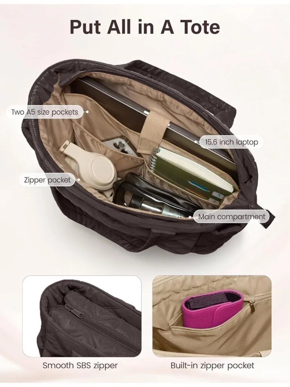 👜Women's Dark Brown Puffer Tote Bags Lightweight Quilted Work For Travel
